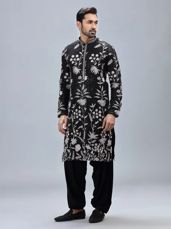 Black georgette embroidery kurta set for men