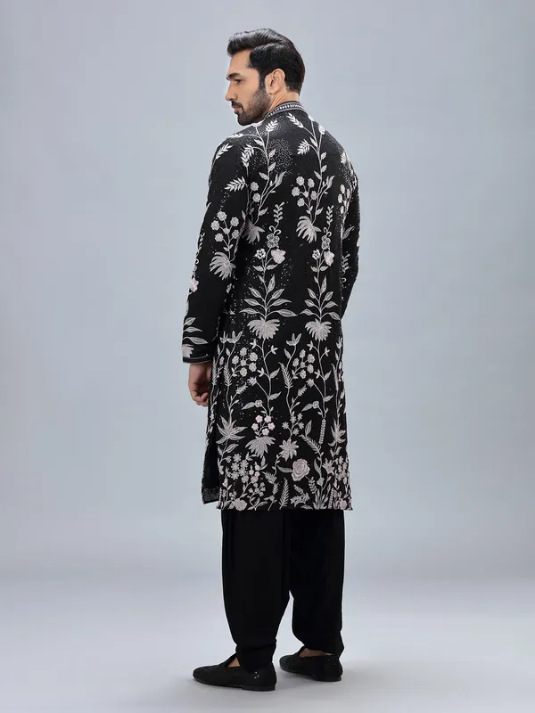 Black georgette embroidery kurta set for men