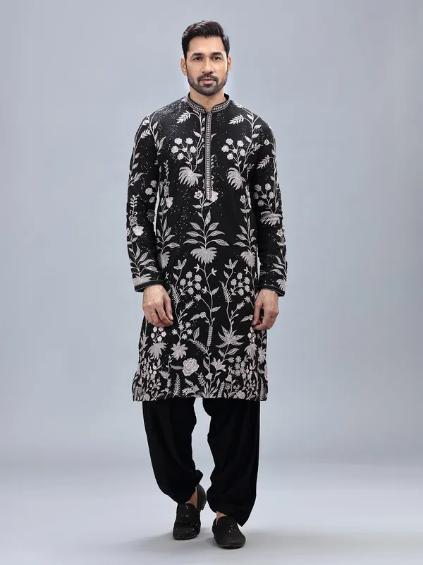 Black georgette embroidery kurta set for men
