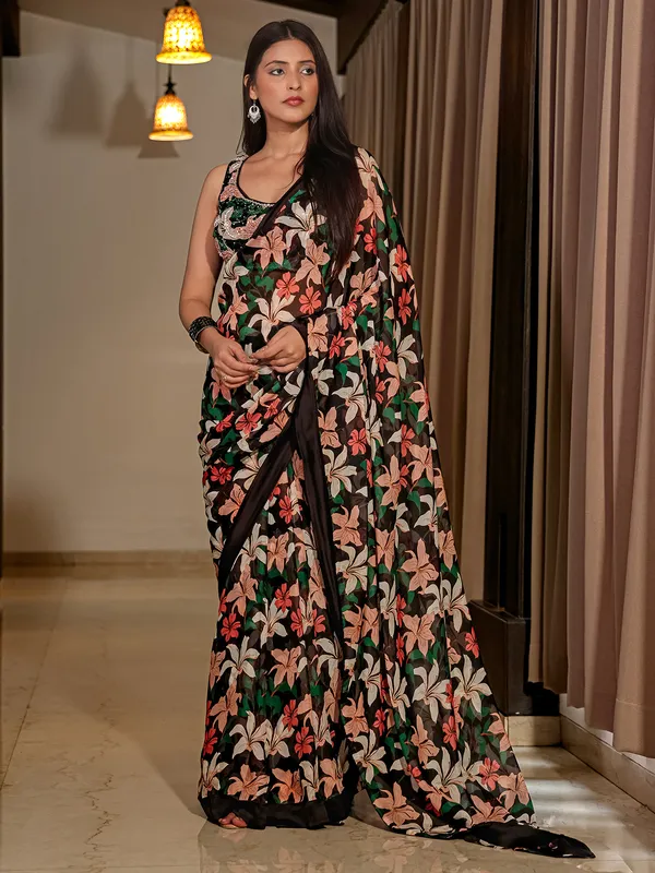 Black georgette floral printed party wear saree