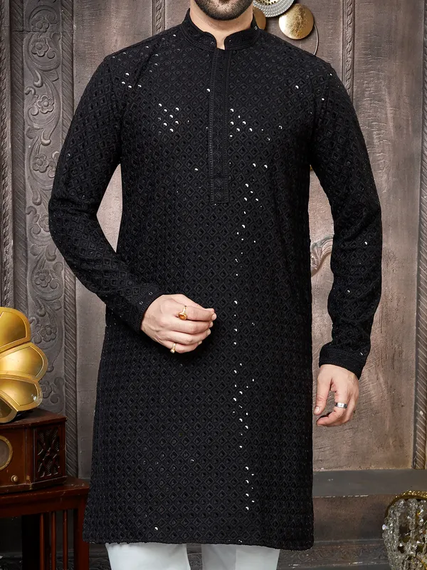 Black georgette kurta suit inn sequins for men
