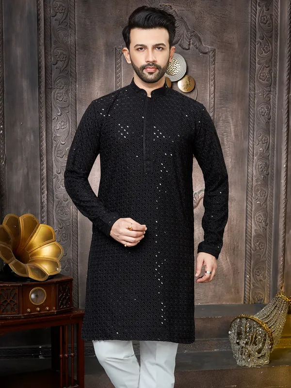 Black georgette kurta suit inn sequins for men