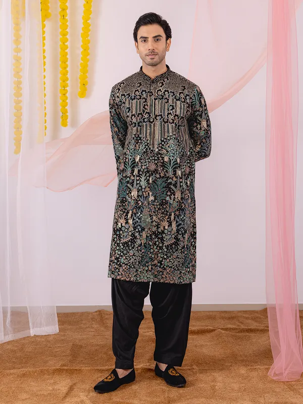 Black georgette kurta suit with salwar for men