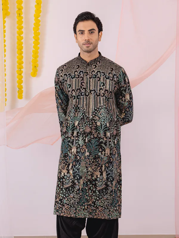 Black georgette kurta suit with salwar for men