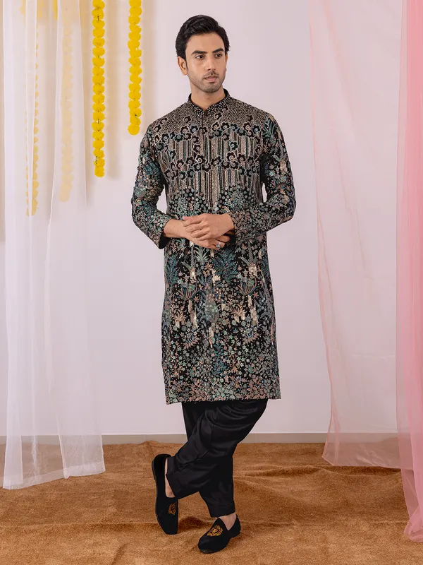 Black georgette kurta suit with salwar for men