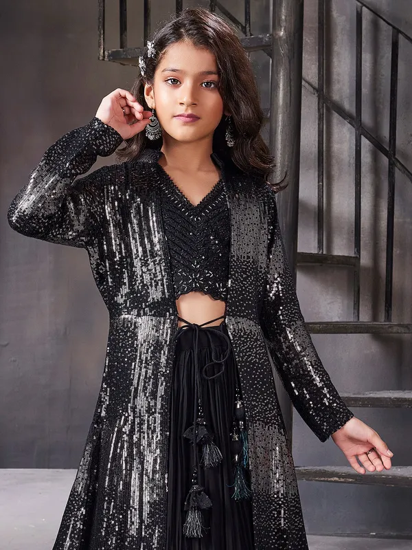 Black georgette lehenga choli with jacket for girls