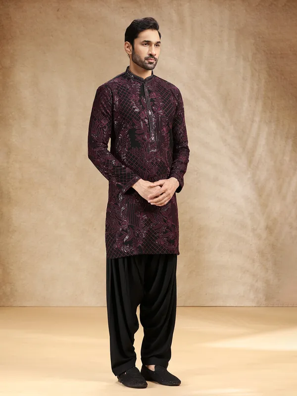 Black georgette men festive kurta salwar suit