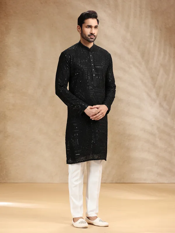 Black georgette men kurta pajama