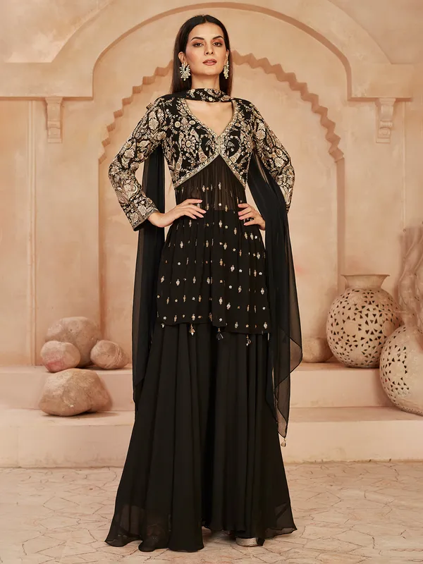 Black georgette pakistani palazzo suit with dupatta