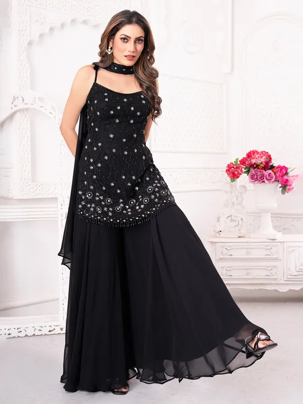 Black georgette palazzo suit with cutdana and beads