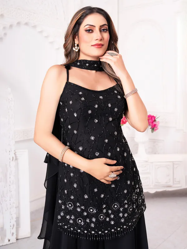 Black georgette palazzo suit with cutdana and beads