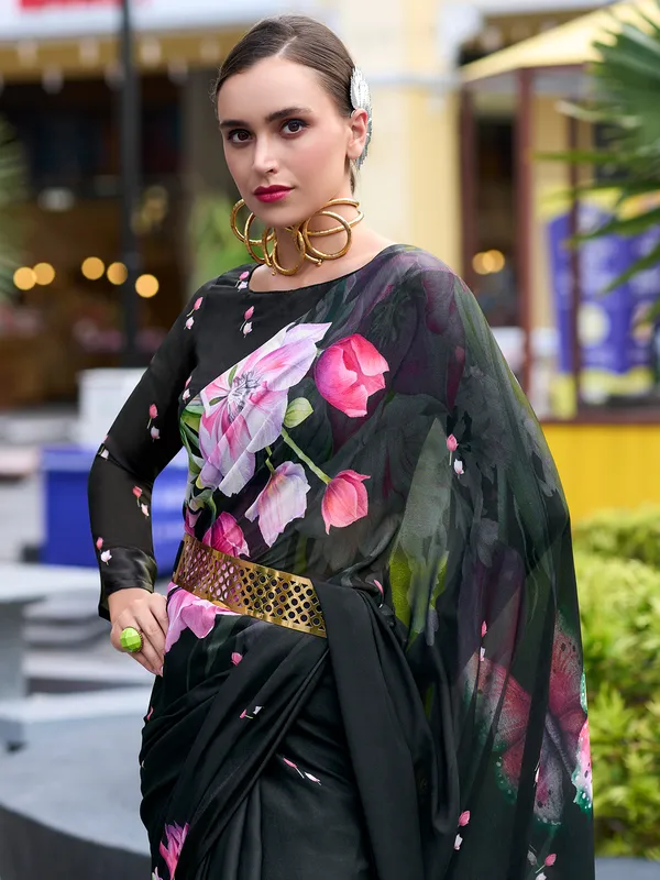 Black georgette saree with printed