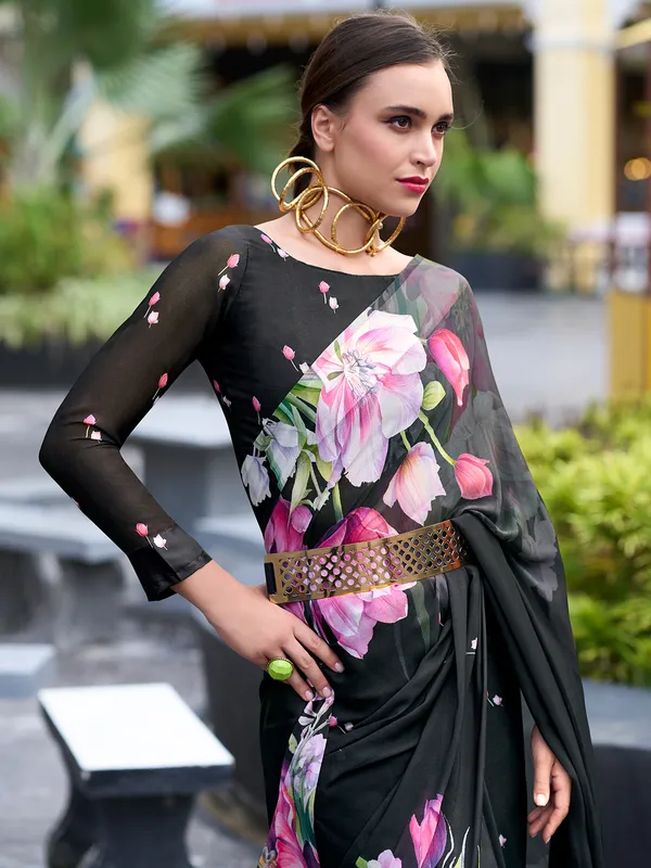 Black georgette saree with printed