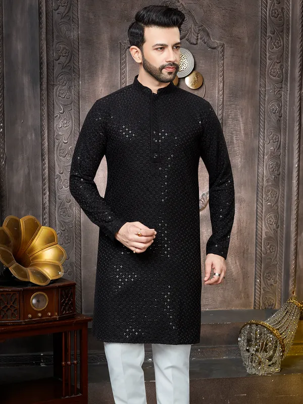 Black georgette sequins kurta suit for men