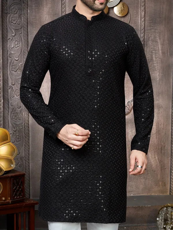 Black georgette sequins kurta suit for men