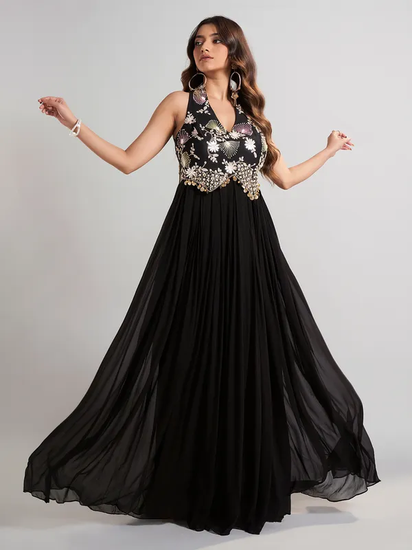 Black georgette silk floor length suit