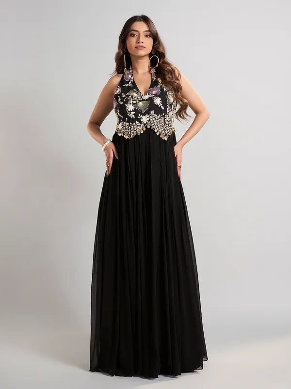 Black georgette silk floor length suit