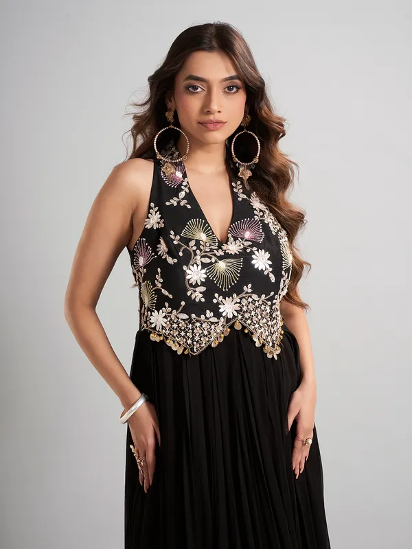 Black georgette silk floor length suit