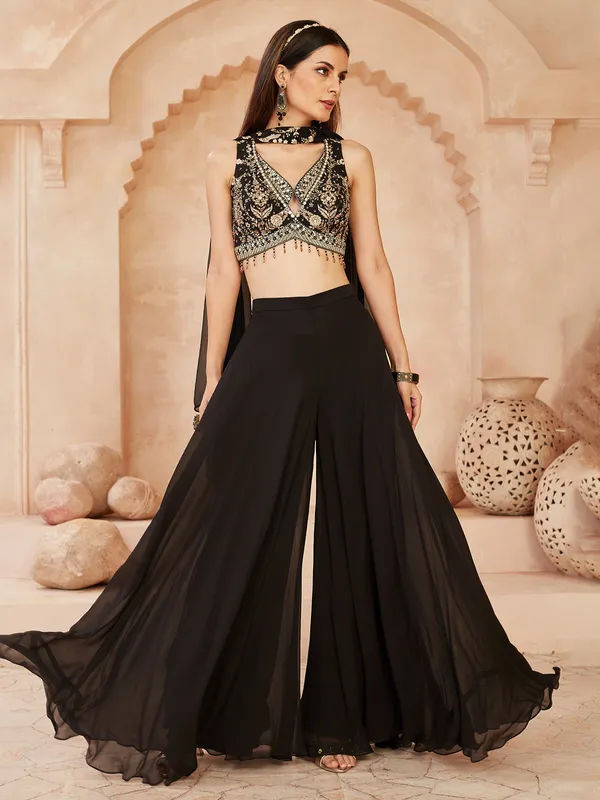 Black georgette sleeveless designer suit with zardosi