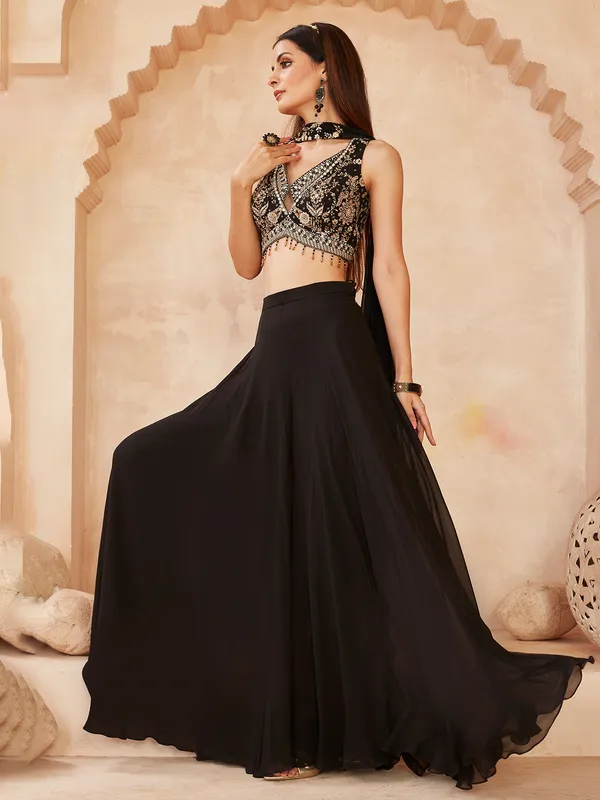 Black georgette sleeveless designer suit with zardosi