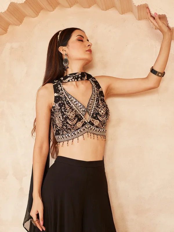 Black georgette sleeveless designer suit with zardosi