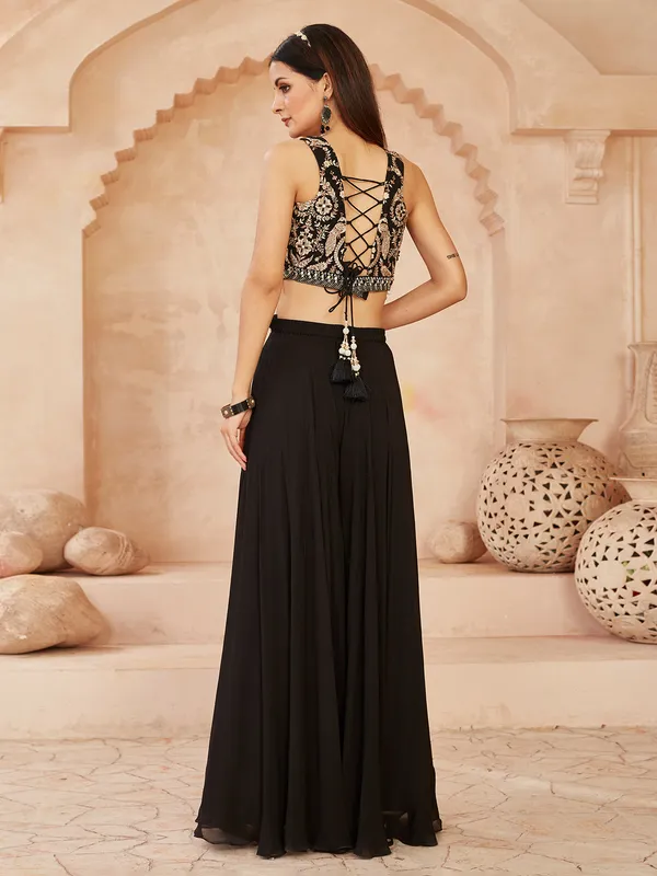 Black georgette sleeveless designer suit with zardosi