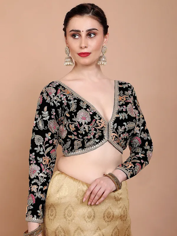 Black georgette V neck embroidered ready made blouse