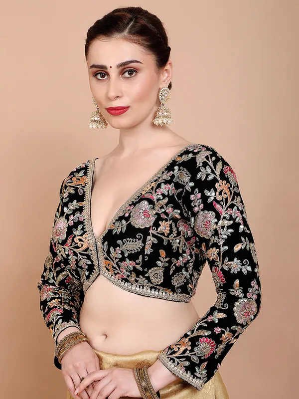 Black georgette V neck embroidered ready made blouse