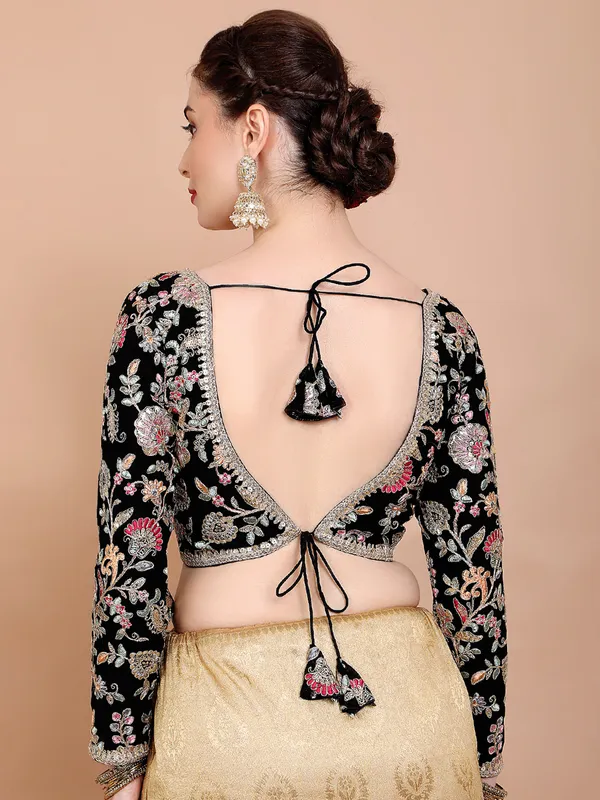 Black georgette V neck embroidered ready made blouse