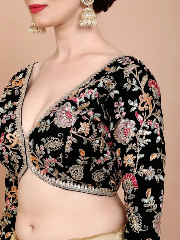 Black georgette V neck embroidered ready made blouse
