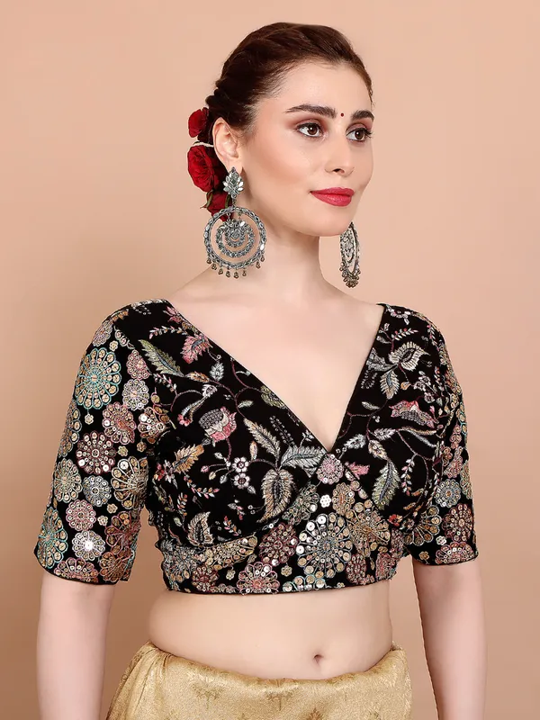 Black georgette V neck embroidered ready made blouse for women