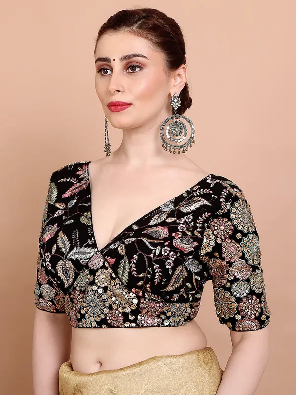 Black georgette V neck embroidered ready made blouse for women