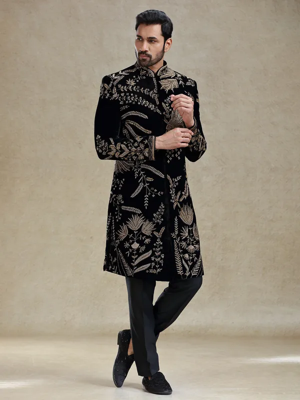 Black golden zardosi worked velvet long sherwani for men