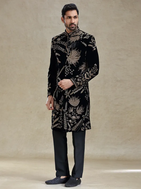 Black golden zardosi worked velvet long sherwani for men