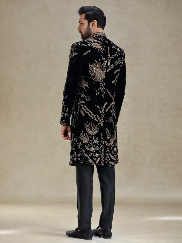 Black golden zardosi worked velvet long sherwani for men