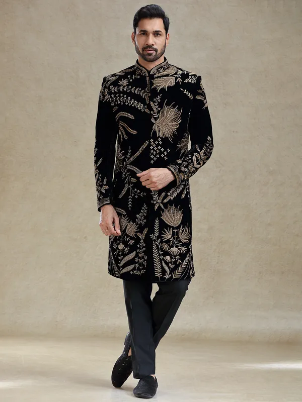 Black golden zardosi worked velvet long sherwani for men