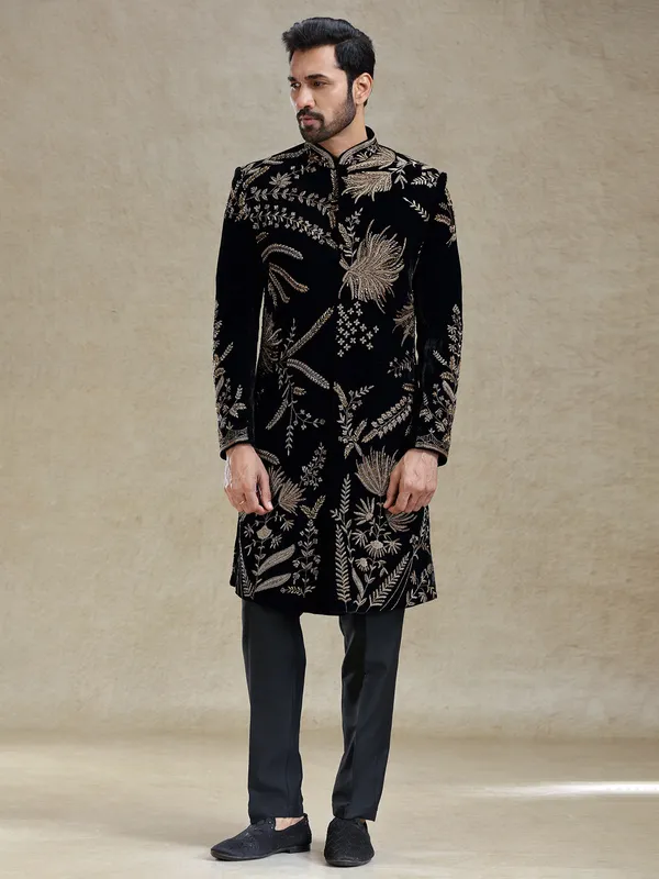 Black golden zardosi worked velvet long sherwani for men