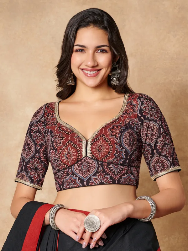 Black hand block printed ajrakh cotton ready made blouse