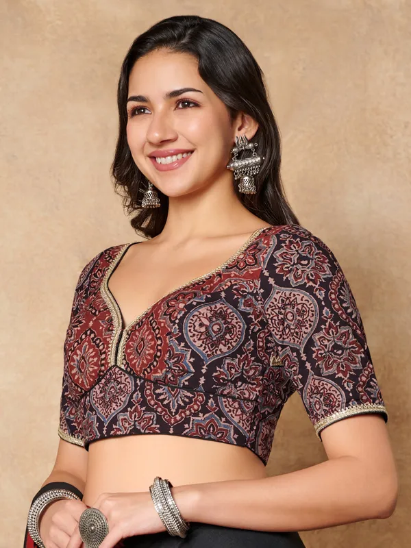 Black hand block printed ajrakh cotton ready made blouse