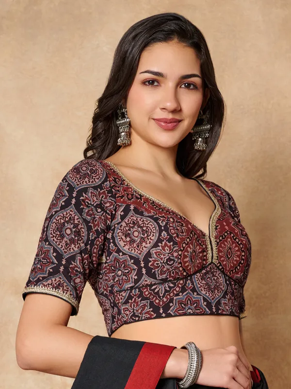 Black hand block printed ajrakh cotton ready made blouse