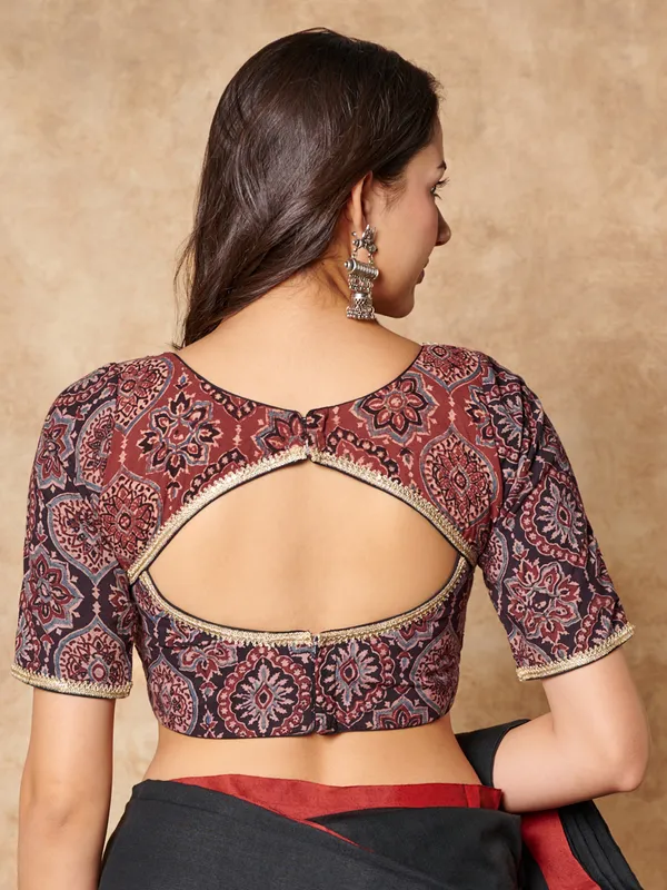 Black hand block printed ajrakh cotton ready made blouse