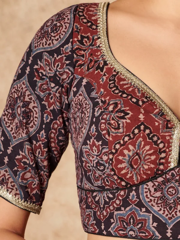 Black hand block printed ajrakh cotton ready made blouse