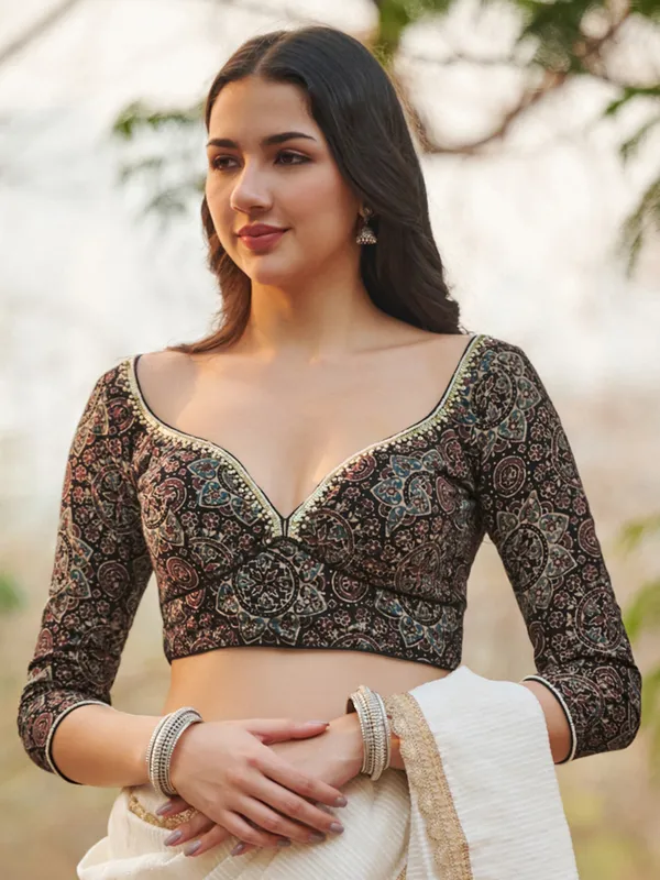 Black hand block printed ajrakh cotton ready made blouse for women