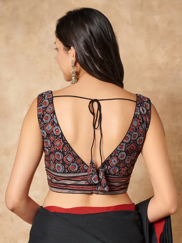 Black hand block printed ajrakh cotton V neck ready made blouse