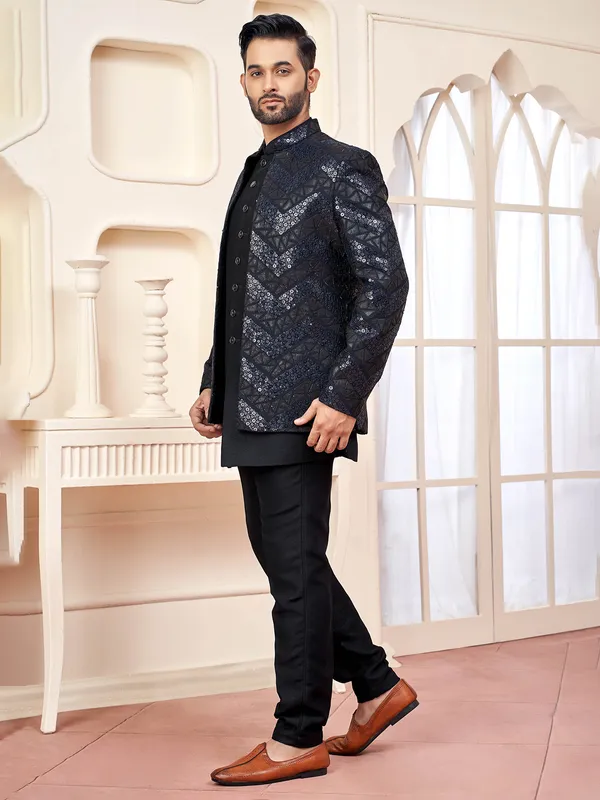 Black indo western with textured patch and sequins work