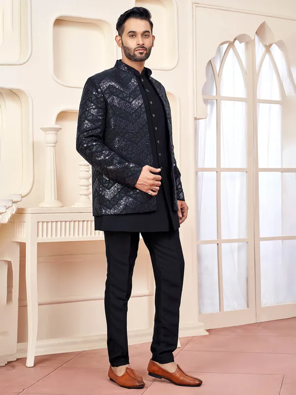 Black indo western with textured patch and sequins work