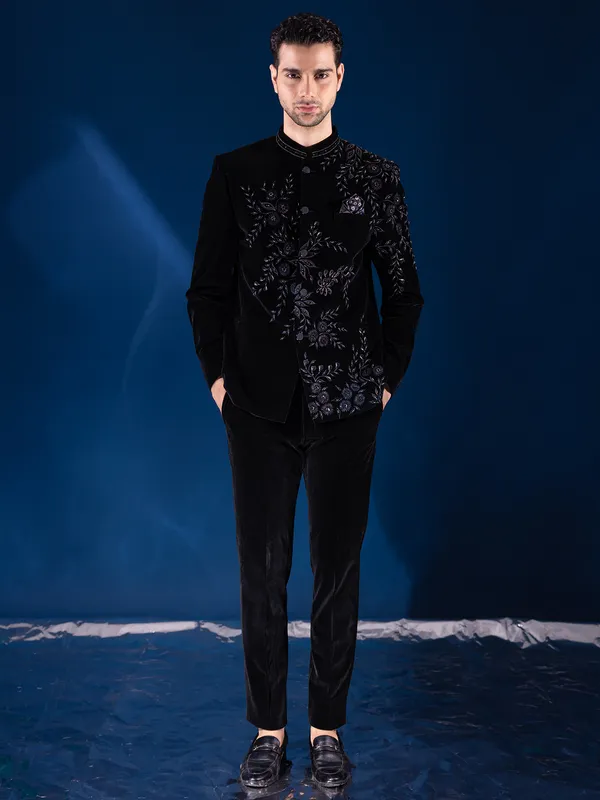Black indowestern in velvet for men