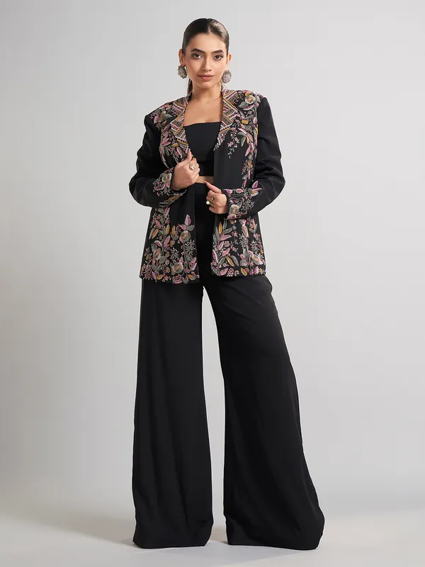 Black jacket style terry rayon palazzo suit