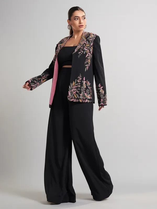 Black jacket style terry rayon palazzo suit