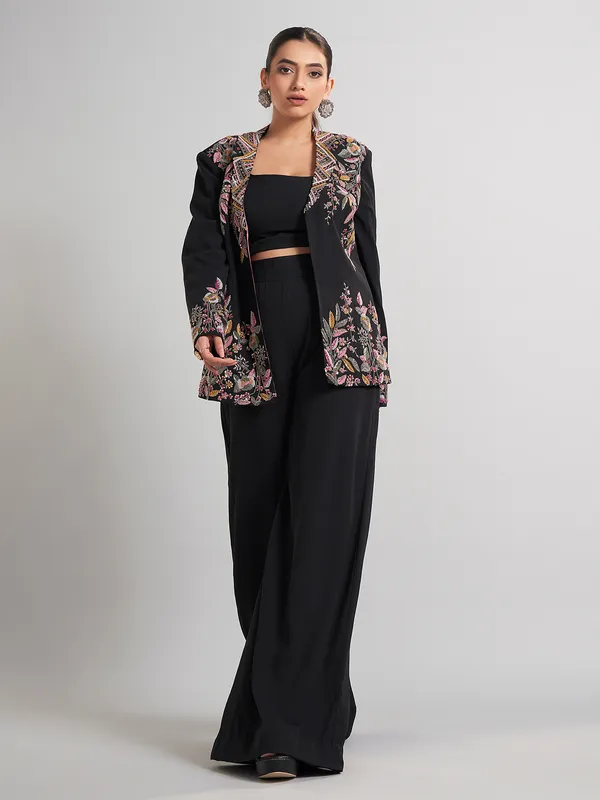 Black jacket style terry rayon palazzo suit